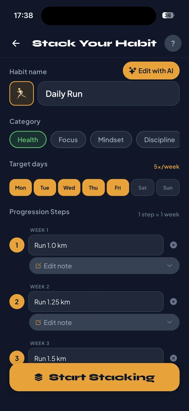 Stack builder with weekly progression steps