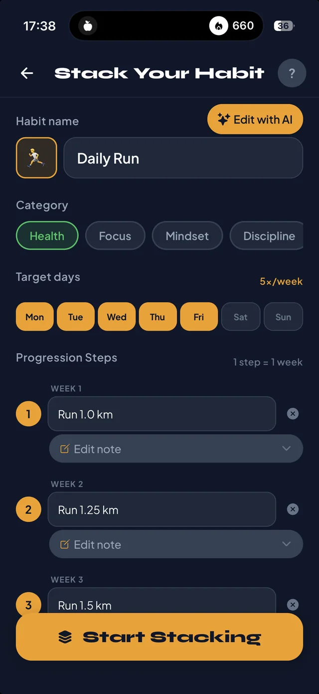 Stack builder with weekly progression steps