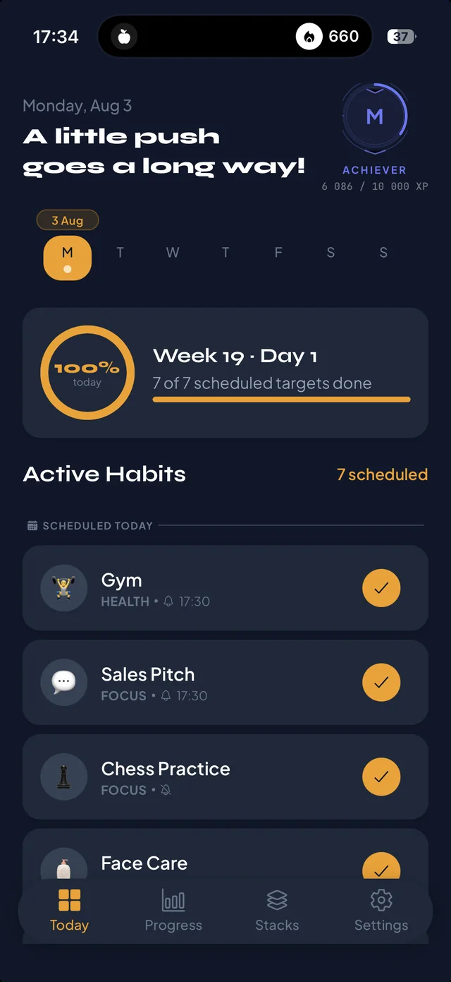 Today screen with completed habits