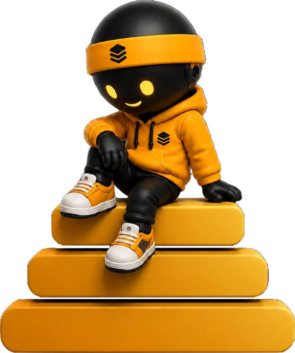 Stacky, the StackAHabit mascot, sitting on a stack of gold blocks